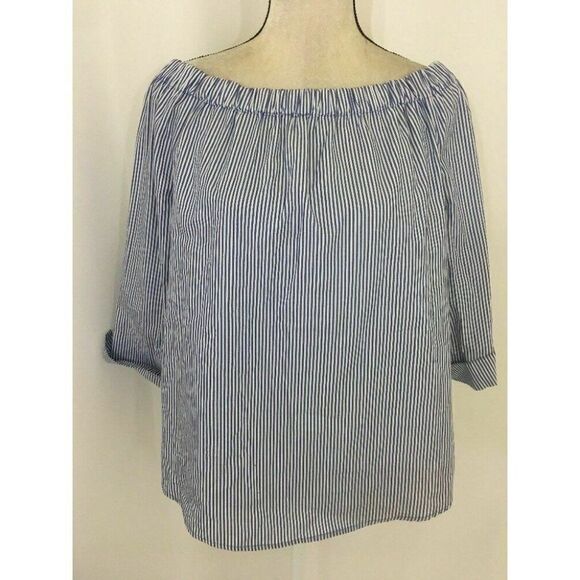 Zara Womens Blue White Striped Long Sleeve 100% Cotton Top Medium - Picture 1 of 6